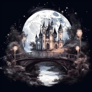 light watercolor Fantasy Castles night scenery on the moon in the garden forest and bridges realistic clipart on black background