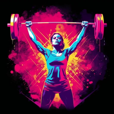 T shirt design, female olympic weightlifting lifting the barbell above head, gym, equipment, lights, clipart