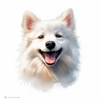 cute American Eskimo dog portrait, full face, centered shot, side shot, dynamically posed, in action, playful mood, happy mood, playing mood, cute face, adorable smile, childlike eyes, clean watercolor illustration, white background, nursery baby imagery, painting, detailed, 8k, PNG, clipart,