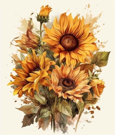 CREATE A MAGNIFICENT AND EXQUISITE BREATHTAKING HIGH QUALITY HIGHLY DETAILED WATERCOLOR CLIPART ILLUSTRATION OF STUNNING watercolor sunflower bouquet, in the style of lively illustrations, organic material, gold and amber, free brushwork, uhd image, barbizon school, pictorial