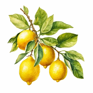Watercolor clipart very detailed lemon branch with leaves. White background