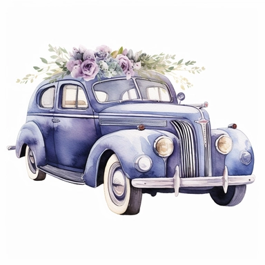 watercolour wedding car, clipart on white background, highly detailed, professional color gradation, clean sharpness