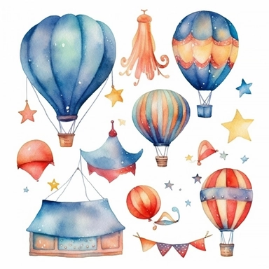 Watercolor carnival,Hand painted clip art with party elements isolated on white background. Hot air balloon, bunting, stars.