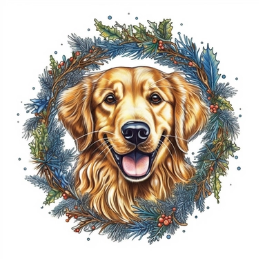 Cool Christmas Leafs Circle happy golden Retriever wearing christmas lights, illustration, 16k, T - shirt design, T - shirt graphic, retro vintage style, circle. extremely detailed, clipart seperated on a white background, incredibly high detail