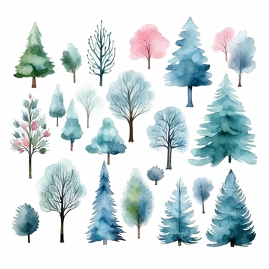 Element of cute winter trees, leaves, fir trees, shurbs , snow. clouds, new year and christmas objects and elements of nature cliparts vestor illustration. white background.