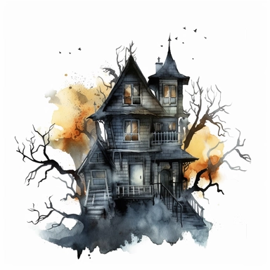 watercolor style, spooky halloween haunted house with spooky trees clipart, haunted house decorated in Halloween style decor, isolated on white background, 4K