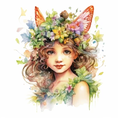 a watercolor highly detailed inquisitive fairy, cute, floral clipart, white backround
