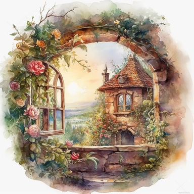 isolated on white illustration watercolor art of a rustic window from inside the fairy house, the window shows the landscape from the garden with roses and a road going into the mountains, a lot of roses and ivy, masterpiece by Hans Zatzka style and by Josephine Wall style and by Alexander Jansson style and by Ivan Fedorovich Choultse style, Art Nouveau Architecture, PNG clipart, isolated on white, extreme photorealistic details, 32k HD resolution, realistic high detailization high resolution