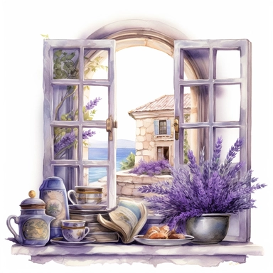 watercolor mixed media masterpiece royal kitchen beautiful window with porcelain dishes and books and basket with flowers, richly decorated with lavender and flowers, golden accents, provence, by Adonna Khare style, Baroque style, PNG clipart, isolated on white, extreme photorealistic details, 32k HD resolution, realistic high detailization high resolution