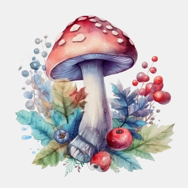 a watercolor magic mushroom clipart with berries and plants, in the style of psychedelic tableaux, illustration, 8k, white background, no comment