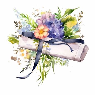 graduation scroll with spring florals, watercolor, white background clipart