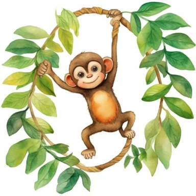 Playful Monkey: Bring the jungle to life with this watercolor clipart set showcasing a playful monkey swinging from vines. The vibrant colors and minimalistic style make it a delightful addition to any project. (No background)