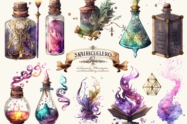 isolated watercolor clipart images of wizards spellbooks and potions on white background, vibrant hue spellbooks with aged parchment pages, bejeweled covers, intricate rune inscriptions, potions in mismatched glass bottles glowing with mysterious luminescence, a variety of concoctions ranging from swirling nebulas to sparkling glitter-filled liquids, white background like untouched canvas offering stark contrast, neutral setting bereft of any distraction, amplifies the vivid colors and fascinati