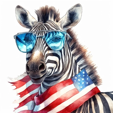 closeups shot, low angle, watercolor style, Zebra standing in jungle, wears American flag scarf and sunglasses, hyper-realistic animal illustrations, 2d game art, quadratura, clipart, on white background,