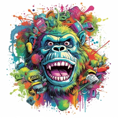 Tshirt features Design, CLIPART CONCEPT, Three-dimensional Rainbow Pantone GORILLA with graffiti artwork and graffiti design, large-scale canvas, louis wain, animated gifs, precisionist art, 3D vector graphics Design, Contour Drawing with Fine Line Artwork, Macro Detailed, FOCUSED ON THE CHARACTER, MEDIUM LONG SHOT, Clear visuals, Highest Resolution 3D File Format, in the style of photo-realistic techniques, Rendering with unreal engine 5, Sublimation Ink, Isolated white background