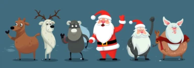cartoon and merry christmas clipart of santa and his friends â€ , in the style of flat illustrations, 3840x2160, realistic forms, depictions of animals, theatrical gestures, dark cyan and white, cartoon mis-en-scene