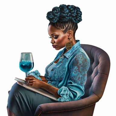 Beautiful African American woman, sitting in chair reading a book, black braid updo hairstyle, hyper realistic, intricate detail, wearing cyan blouse and denim jeans, sipping a glass of moscato, clipart