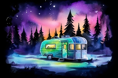 northern light camper scene, watercolor, colorful, bright vibrant, black background, clip art