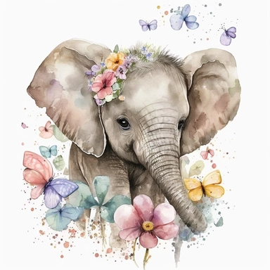 cute illustration of baby elephant with flower on head, flowers, soft and delicate colors, surrounded by butterflies, watercolor,white background, clipart