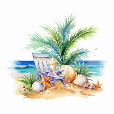 fun and relaxation, Watercolor summer beach clipart, coloful, Isolated white background, 8k