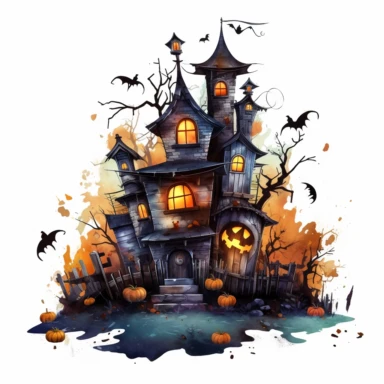 watercolor style, spooky halloween haunted house graveyard in front clipart, haunted house decorated in creepy Halloween style decor jack o lanterns, whimsical Halloween witch house, isolated on white background, 4K, creepy
