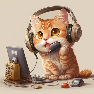 Cute cat clipart chatting with a customer in call center office with headset