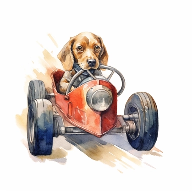 a dog driving a racing car, watercolour, clipart, white background