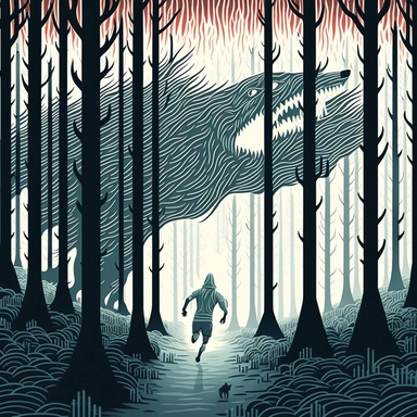 in the style of John Kenn Mortensen, trail runner with wolf head, through white birch forest, chased by monsters, ghosts, animals, spooky, colorful, white background, magical, fantasy, vector, clipart, elaborate, ultra-detailed, best quality, well composed, vibrant color tone, trending on artstation, elaborate, cinematic lighting, vibrant colors, high definition