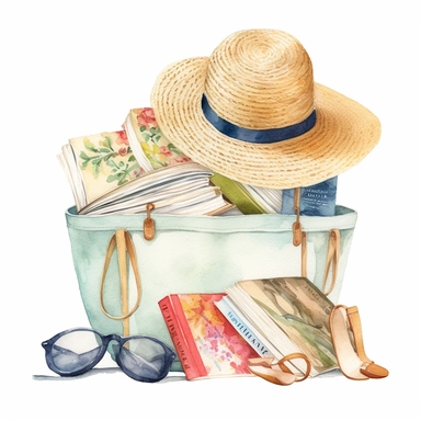 watercolor, hyper realistic, white background, white margins, 16k, ultra detailed clipart, cut out image, hand-drawn, whimsical An inviting clipart featuring a tote bag filled with books, a pair of flip-flops, and a sun hat, inviting you to relax and enjoy your favorite reads by the seaside.