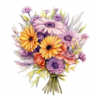 bouquet of flowers color pencil sketch on a white background for clipart