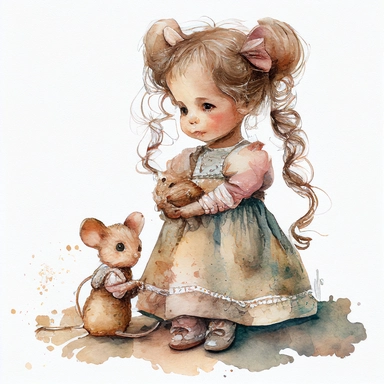 clipart watercolor realistic cute little mouse is playing with dolls and is dressed like a girl