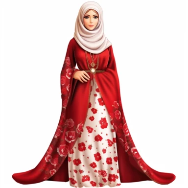 muslim clipart doll beautiful woman wearing a long skirt with a rose print, red long tunic with long sleeve, a beautiful hijab muslim head scarf in red and rose print, holding a long necklace of white pearls, beautiful tanned skin, hd,8k, clipart, white background,