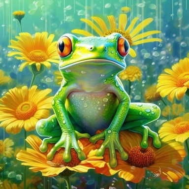 lovely green baby frog, many floral details, rainbow details, clipart, digital painting, light ink, very detailed, very realistic, white background, maximum saturation intense bright colors, very bright mood on green background with daisies