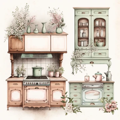 Watercolor Vintage cabinets in the kitchen, in delicate shades, watercolor, hyperrealism, high detail, separate elements, set, clipart