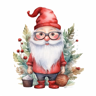 A watercolor painting of cute santa cute big eyes wear big glasses, santa Full body, have small leaf Berries Plant Isolate on top Hat, cute detailed digital art, whimsical and cute, cute detailed artwork, glimmering, adorable and whimsical, whimsical art, Clipart style, png style, svg style