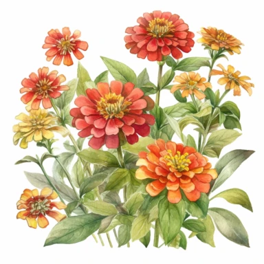 Design a watercolor clipart vignette of zinnia flowers blooming along a garden path, using the Michelangelo-inspired Watercolor Haven style on a white background. Highlight the delicate arrangement of zinnia flowers, their leaves, and accompanying foliage, perfect for adding a touch of charm and warmth to various designs.
