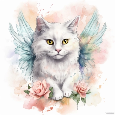 a Angel Cat watercolor Clipart sublimation clipart graphic, full body, clipart, sticker, a single picture, cartoon style, highly detailed, 8k, one image in the frame--no text in the picture--