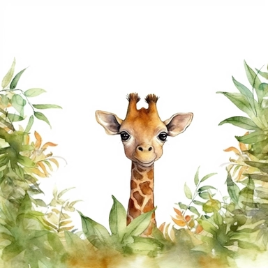 page border of cute a baby giraffe in the jungle, clipart, white background, watercolor style--q2--v5.1--s1000