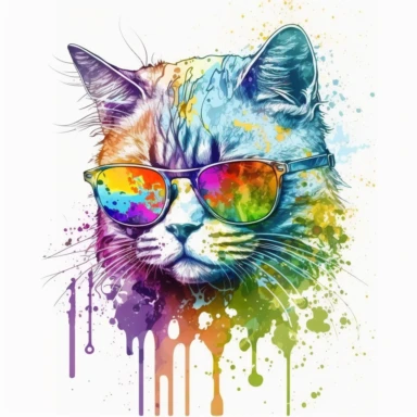 clipart watercolor cool cat, vibrant colors, contour, sticker, vector, white background