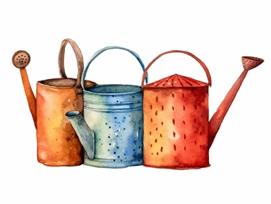 Watercolor clip art on white background, Watering Cans Clipart, high-resolution image with vibrant and true-to-life colors, isolated