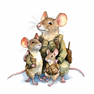 a soldier mouse dad with kids, detailed, hd, watercolor, clipart, white background