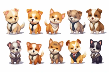 9 sets of a cute baby puppies Munchkin, smile,round face,round head,Wearing a tie,different poses,different breeds, clipart, isolated on white background, spaced out,