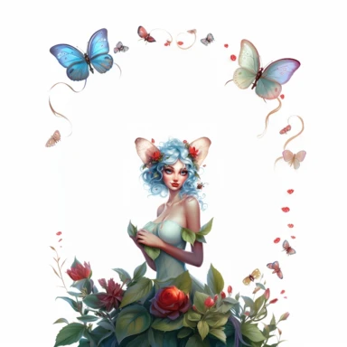a whimsicel beautiful Fairy Closeup face, big blue deep eyes, with high detailing with facial hare and lips, laughing , a big Ladybugs sitting on her hand, Clipart on a white background
