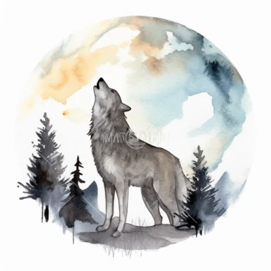 A wolf howling at the full moon, watercolor style, clipart image, no text, no symbols, no logo, on white background