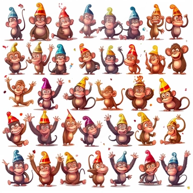 cartoon monkeys wearing party hats, set of 50 happy animations clipart isolated on white background, in the style of vibrant murals, charles spencelayh, petcore, soggy, wimmelbilder, vibrant caricatures
