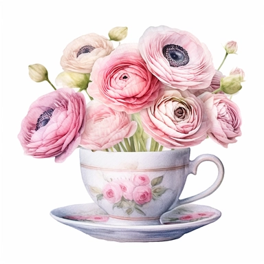 stacked tea cup clipart with ranunculus flowers by mandy disher, watercolor illustration, clean background