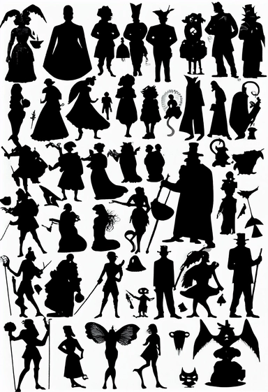 silhouettes of swindlers, monks, demons, mythological characters, disguised people, magicians, fools, lunatics, soldiers, priests, devils, fauns, angels, jugglers, cops, clowns, madmen. Bizarre, whimsical, random, victorian, theatrical, funny. Black and white clipart collection, white background