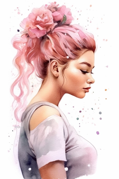 a cute cartoon pretty young Girl with a high white and pink ligth colored bun and roses sparkling around her profile, long curly hair with mini flowers in head, portrait, daydreaming expression in watercolor form, sarah kay and holly hobbies, clipart, watercolor, smiling, on a white background, daydreaming expression in watercolor form
