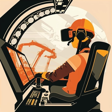 excavator cockpit, worker wearing vr headset, virtual reality hmd, poster, simplistic, abstract, vector, 2d illustration, clipart, few colors
