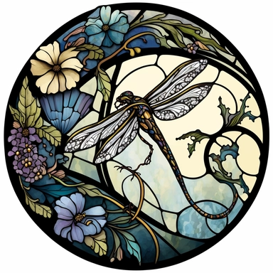 Stained glass art used in a mosaic-like form of Toscano Dragonfly Floral, white background, clipart, sticker, watercolor and black ink style